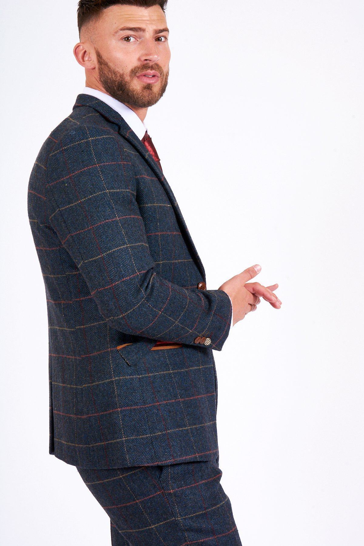 Man wearing men's ETON - Navy Blue Tweed Check Blazer - Marc Darcy Menswear