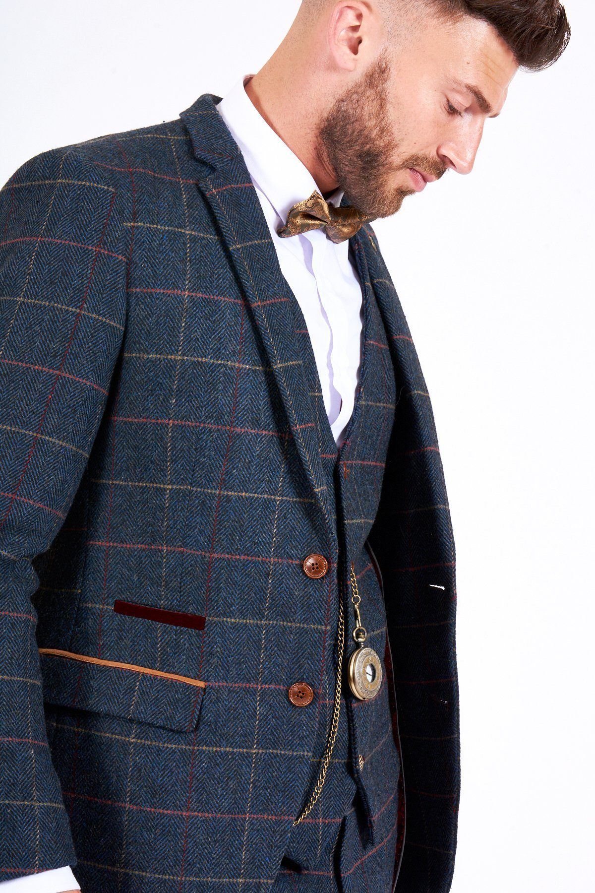 Man wearing men's ETON - Navy Blue Tweed Check Blazer - Marc Darcy Menswear
