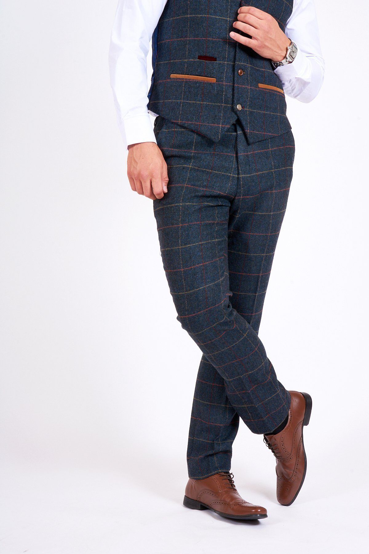 Man wearing men's ETON - Navy Blue Tweed Check Trousers - Marc Darcy Menswear