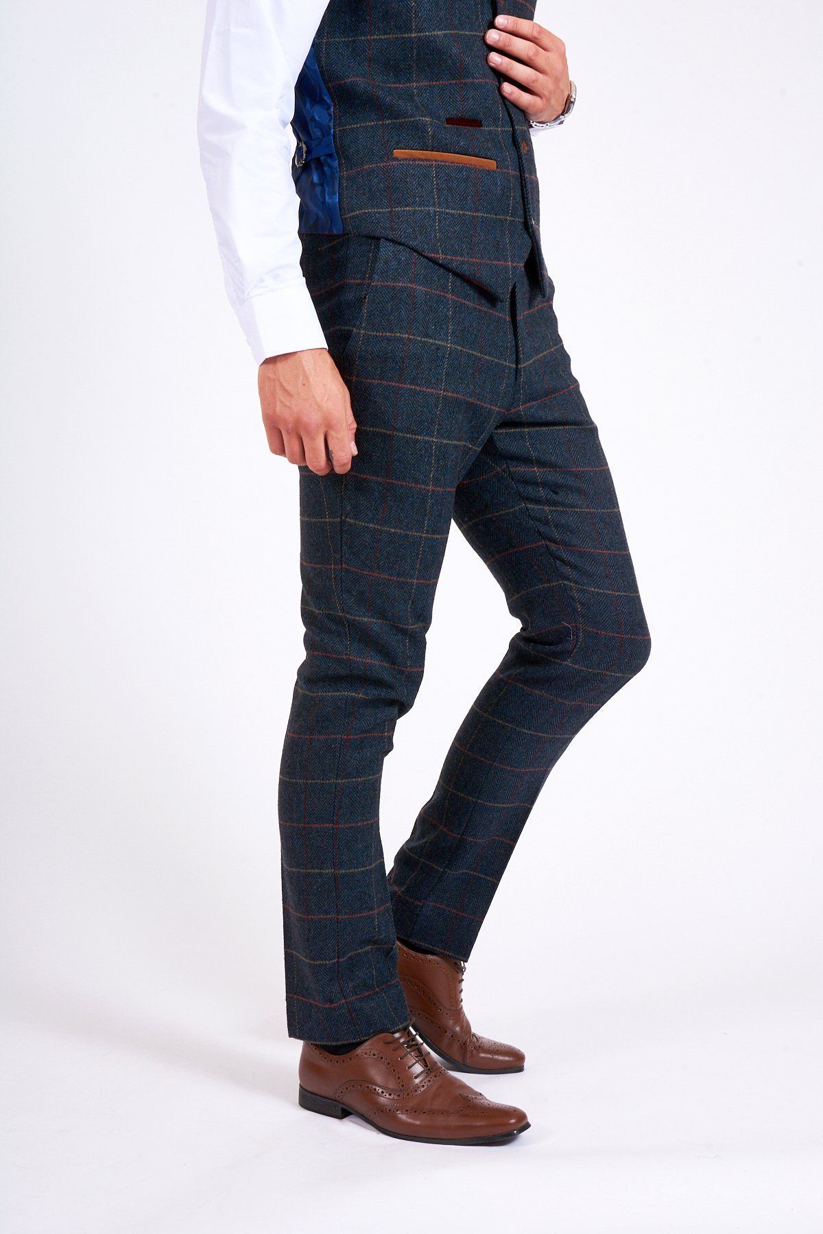 Man wearing men's ETON - Navy Blue Tweed Check Trousers - Marc Darcy Menswear