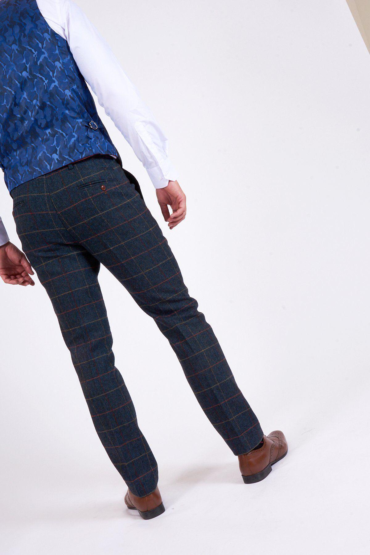 Man wearing men's ETON - Navy Blue Tweed Check Trousers - Marc Darcy Menswear