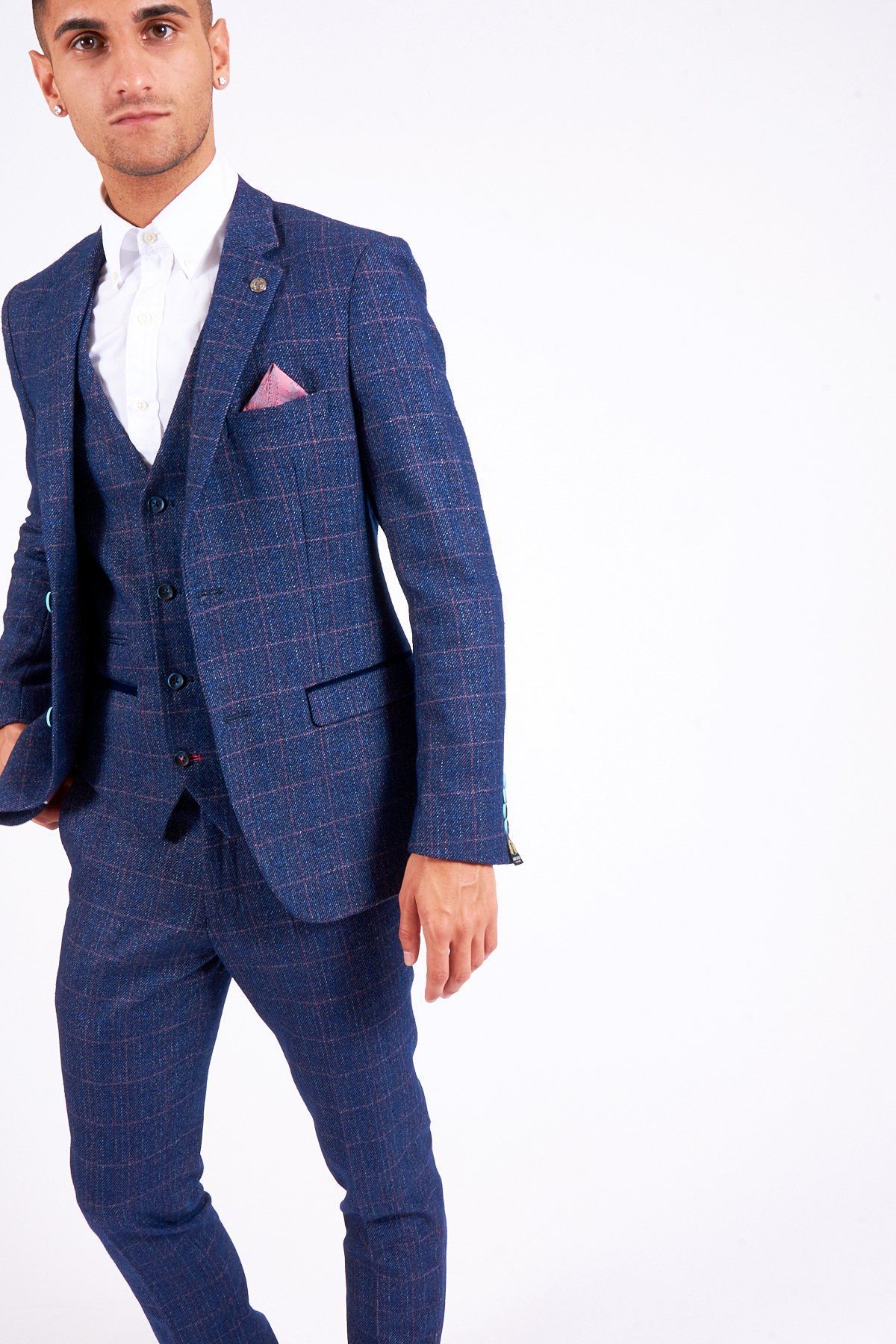 Man wearing men's HARRY - Indigo Tweed Check Blazer - Marc Darcy Menswear