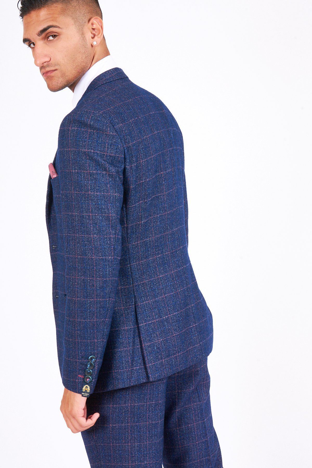 Man wearing men's HARRY - Indigo Tweed Check Blazer - Marc Darcy Menswear