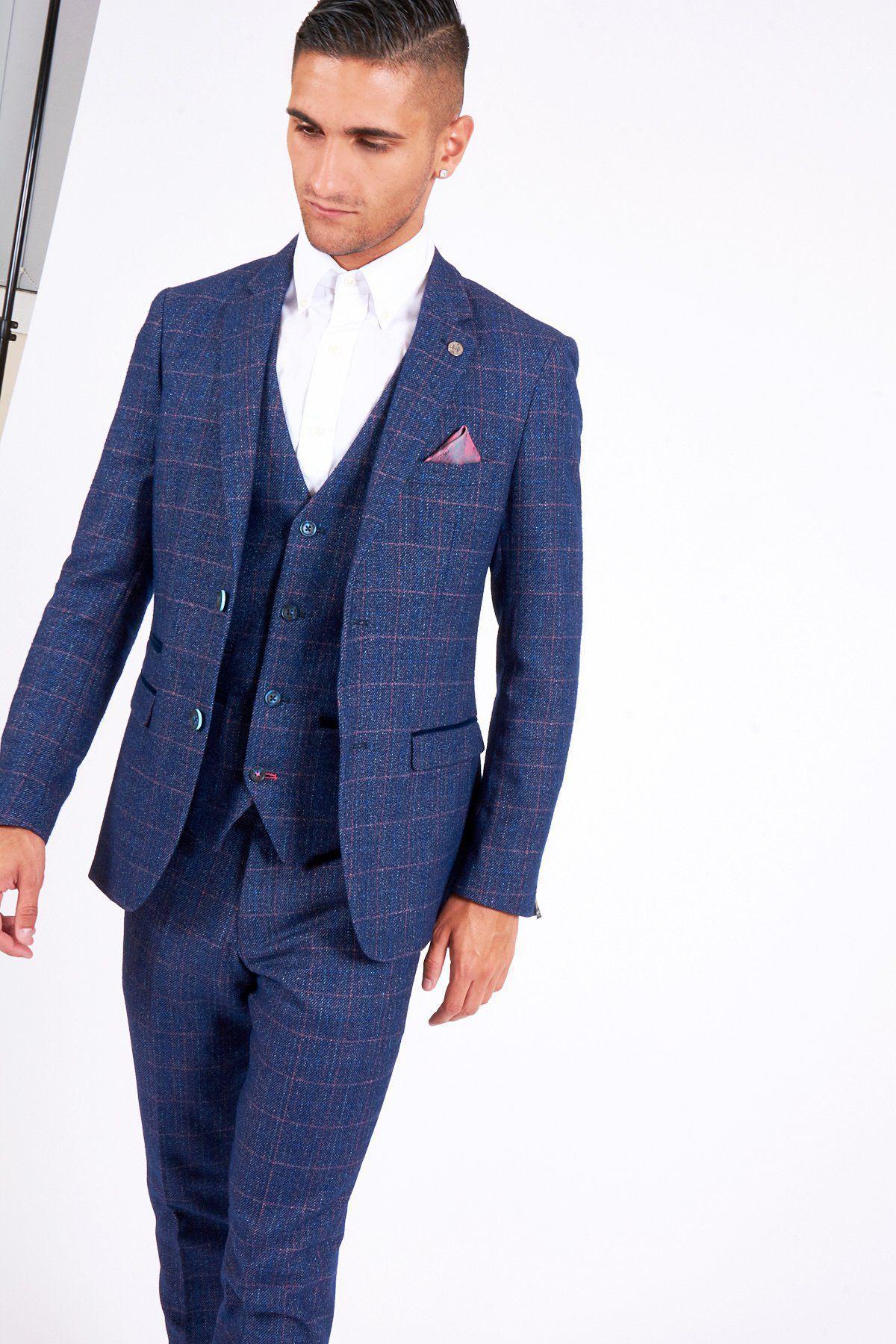 Man wearing men's HARRY - Indigo Tweed Check Blazer - Marc Darcy Menswear