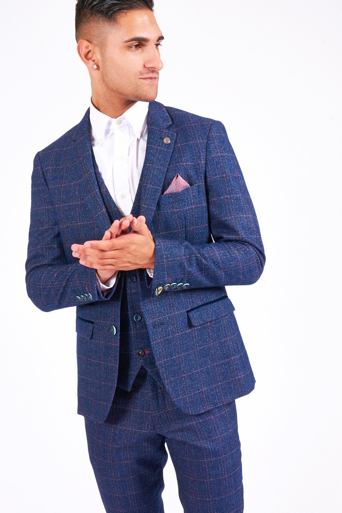 Man wearing men's HARRY - Indigo Tweed Check Blazer - Marc Darcy Menswear