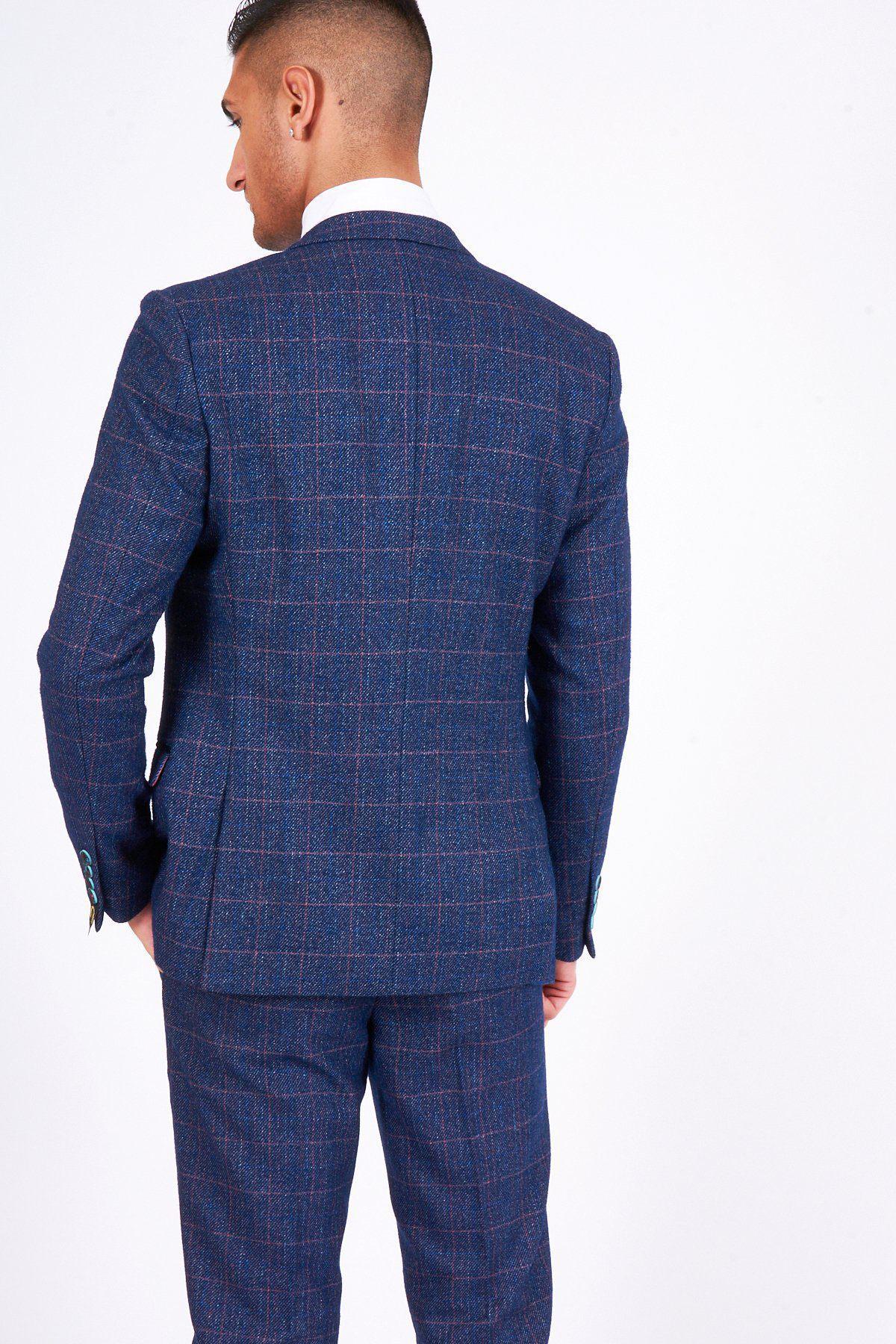 Man wearing men's HARRY - Indigo Tweed Check Blazer - Marc Darcy Menswear