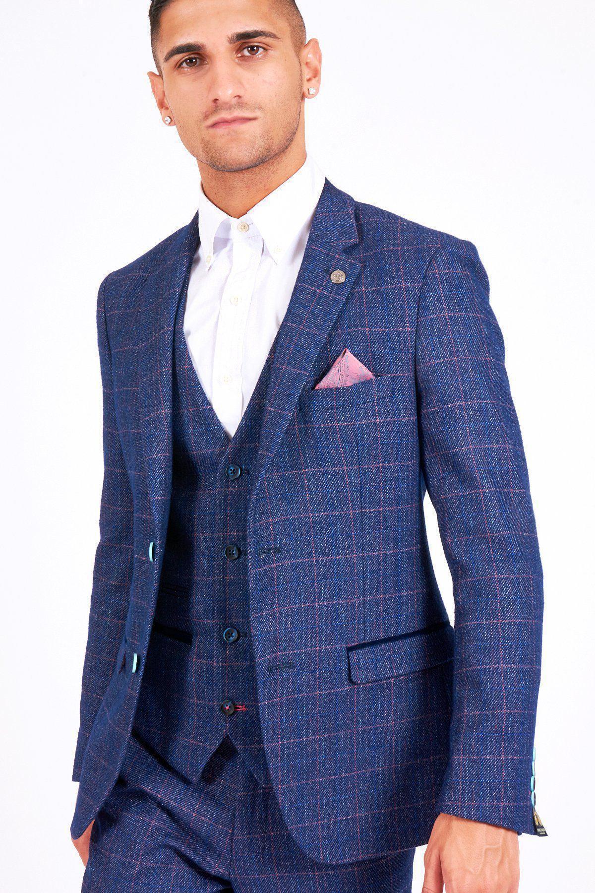 Man wearing men's HARRY - Indigo Tweed Check Blazer - Marc Darcy Menswear
