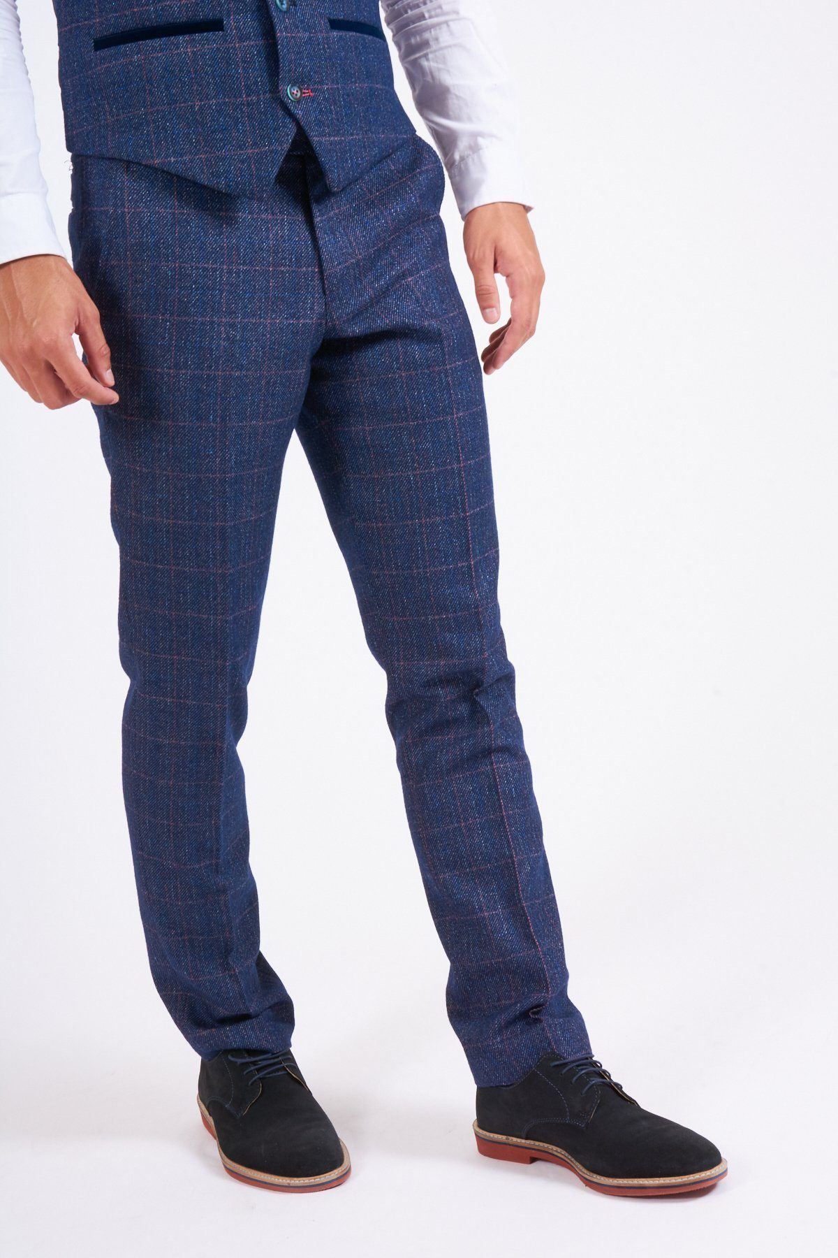 Man wearing men's HARRY - Indigo Tweed Check Trousers - Marc Darcy Menswear