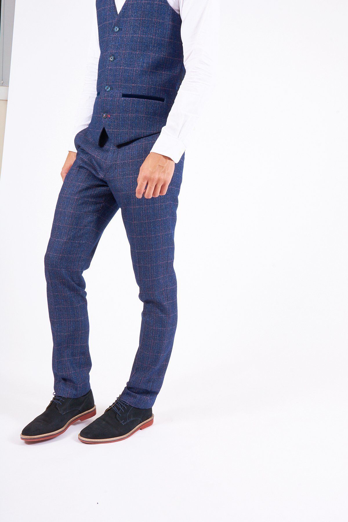 Man wearing men's HARRY - Indigo Tweed Check Trousers - Marc Darcy Menswear