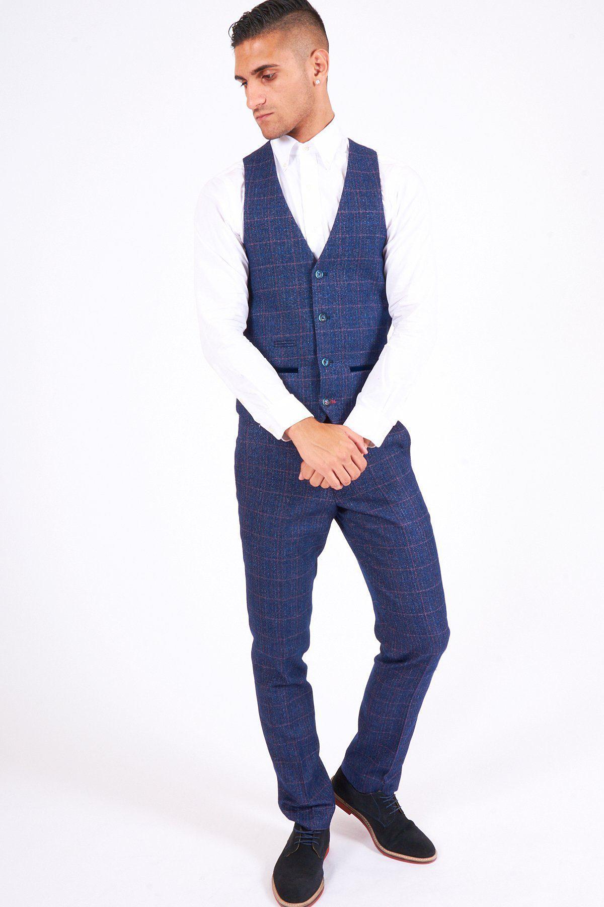 Man wearing men's HARRY - Indigo Tweed Check Trousers - Marc Darcy Menswear