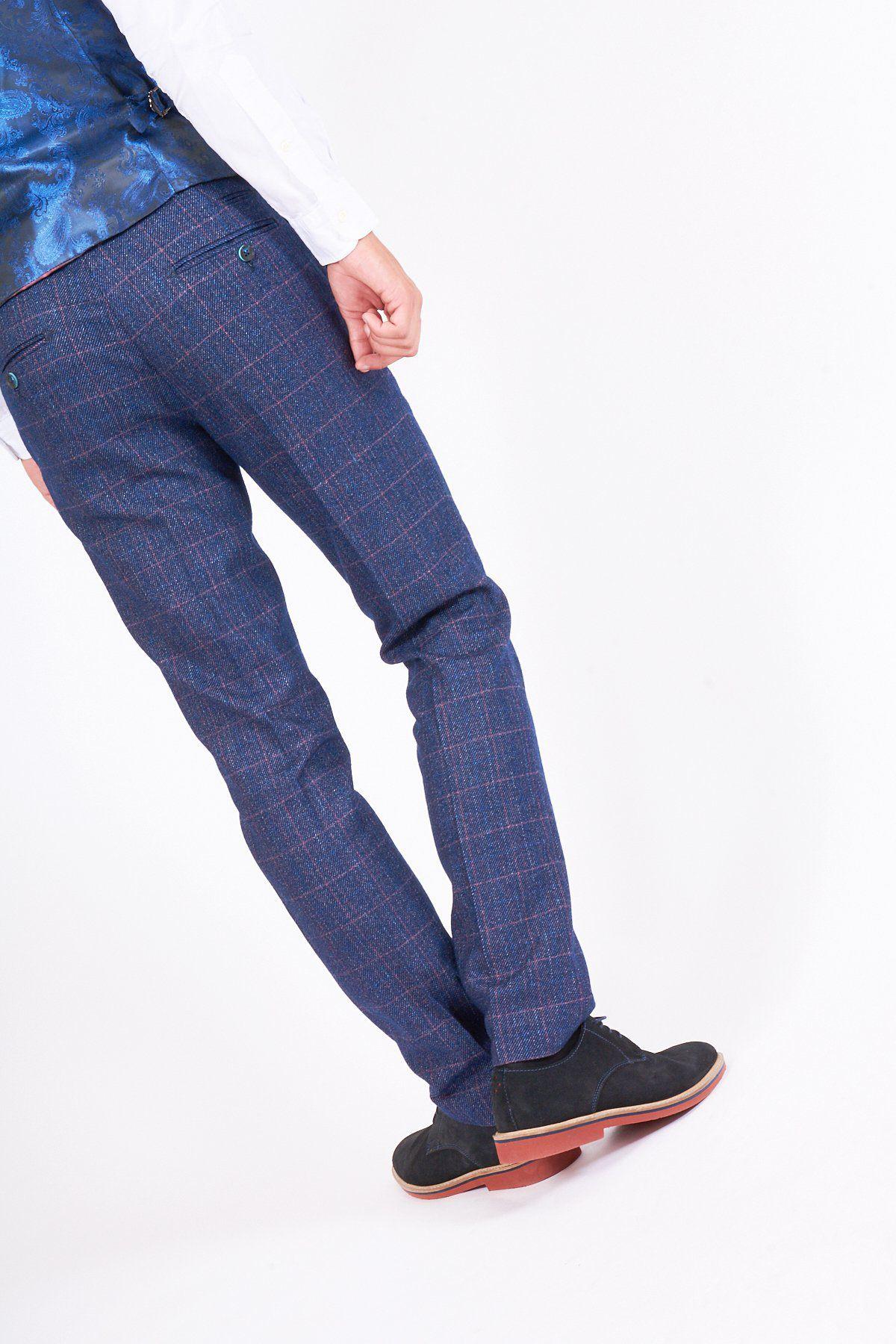 Man wearing men's HARRY - Indigo Tweed Check Trousers - Marc Darcy Menswear