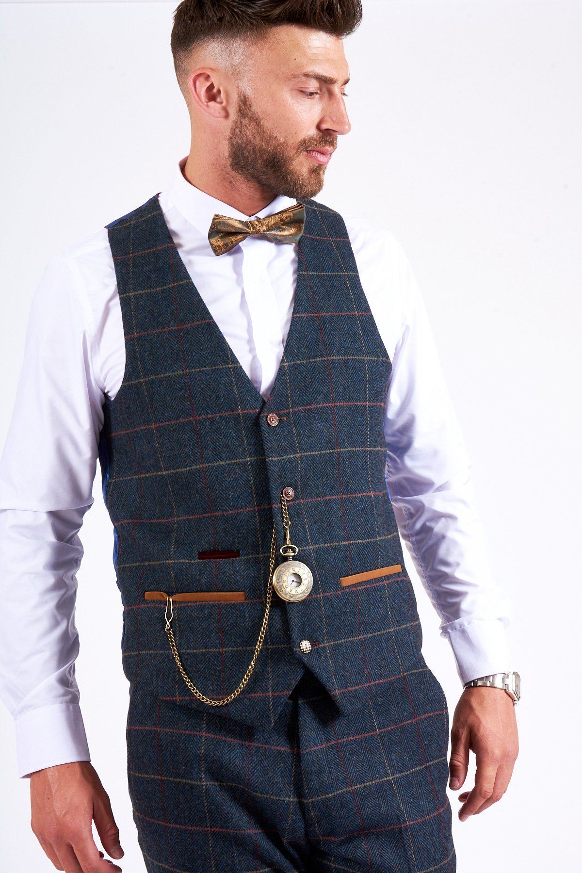 Man wearing men's LEE ETON - Single Breasted Navy Blue Tweed Check Waistcoat - Marc Darcy Menswear