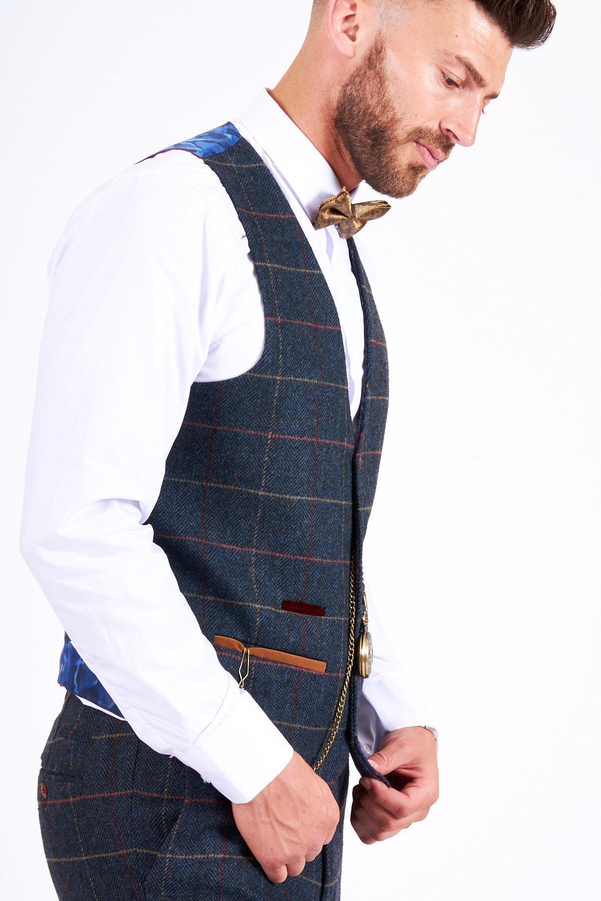 Man wearing men's LEE ETON - Single Breasted Navy Blue Tweed Check Waistcoat - Marc Darcy Menswear