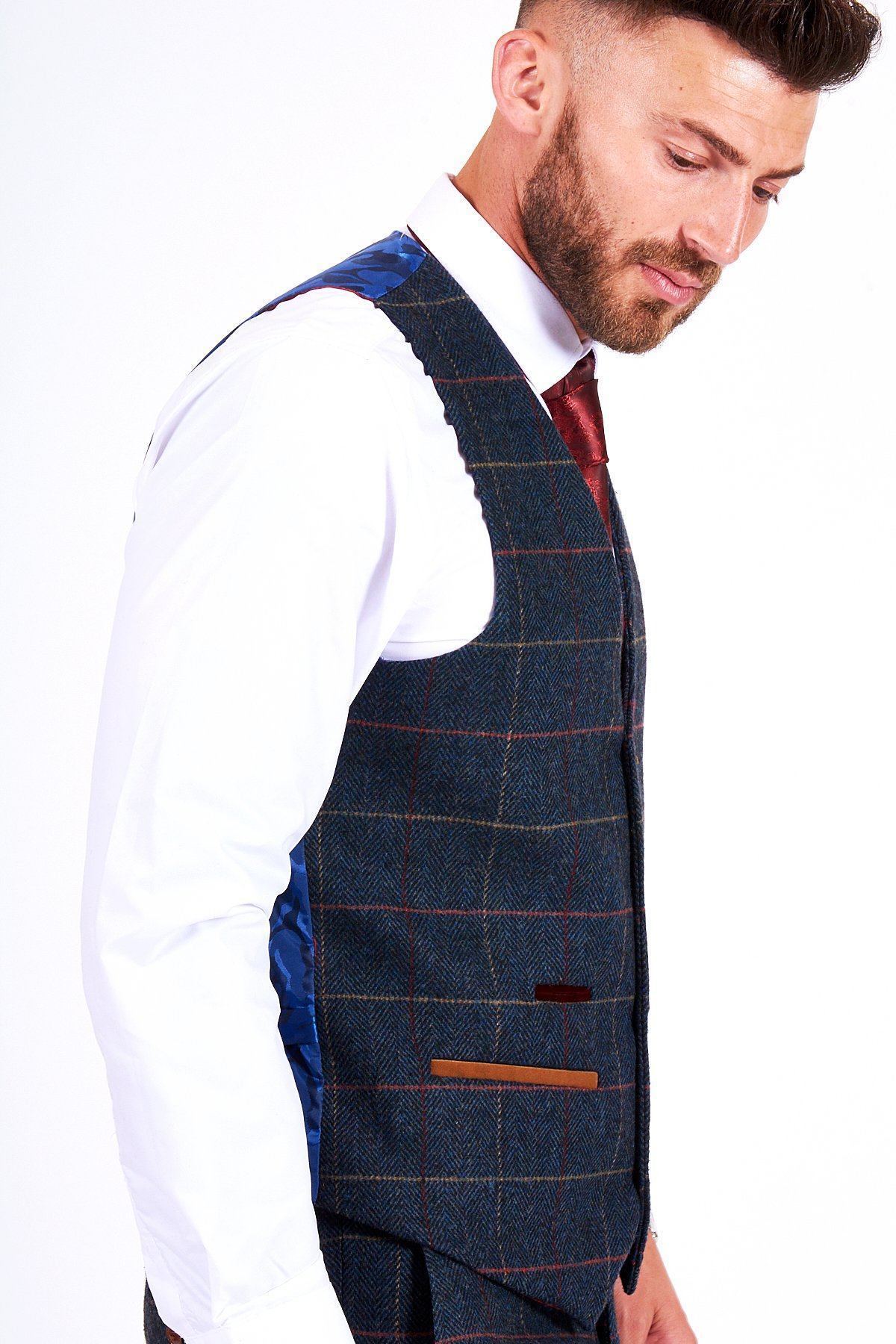Man wearing men's LEE ETON - Single Breasted Navy Blue Tweed Check Waistcoat - Marc Darcy Menswear