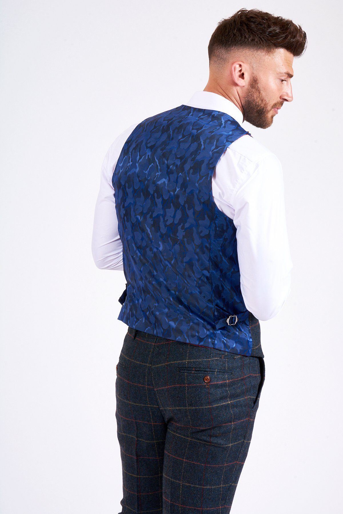 Man wearing men's LEE ETON - Single Breasted Navy Blue Tweed Check Waistcoat - Marc Darcy Menswear