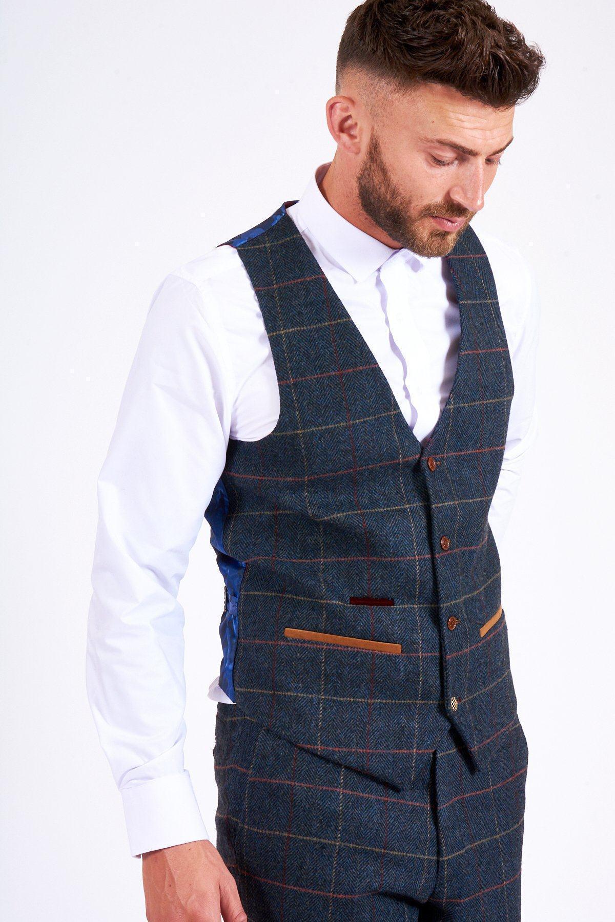 Man wearing men's LEE ETON - Single Breasted Navy Blue Tweed Check Waistcoat - Marc Darcy Menswear