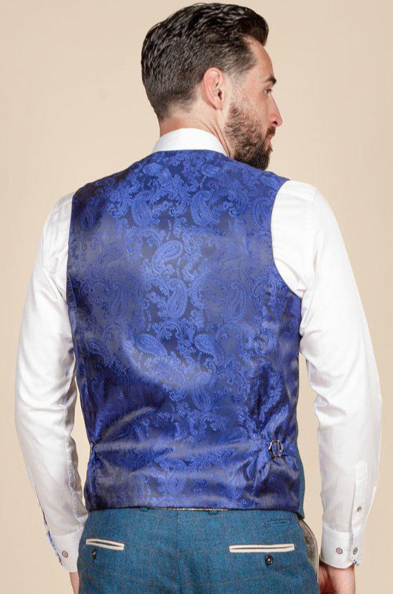 Man wearing men's LEN DION - Blue Tweed Check Waistcoat - Marc Darcy Menswear