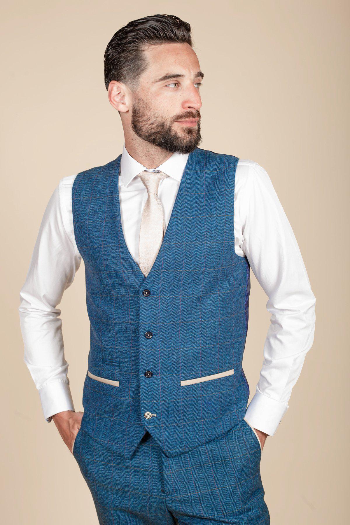 Man wearing men's LEN DION - Blue Tweed Check Waistcoat - Marc Darcy Menswear