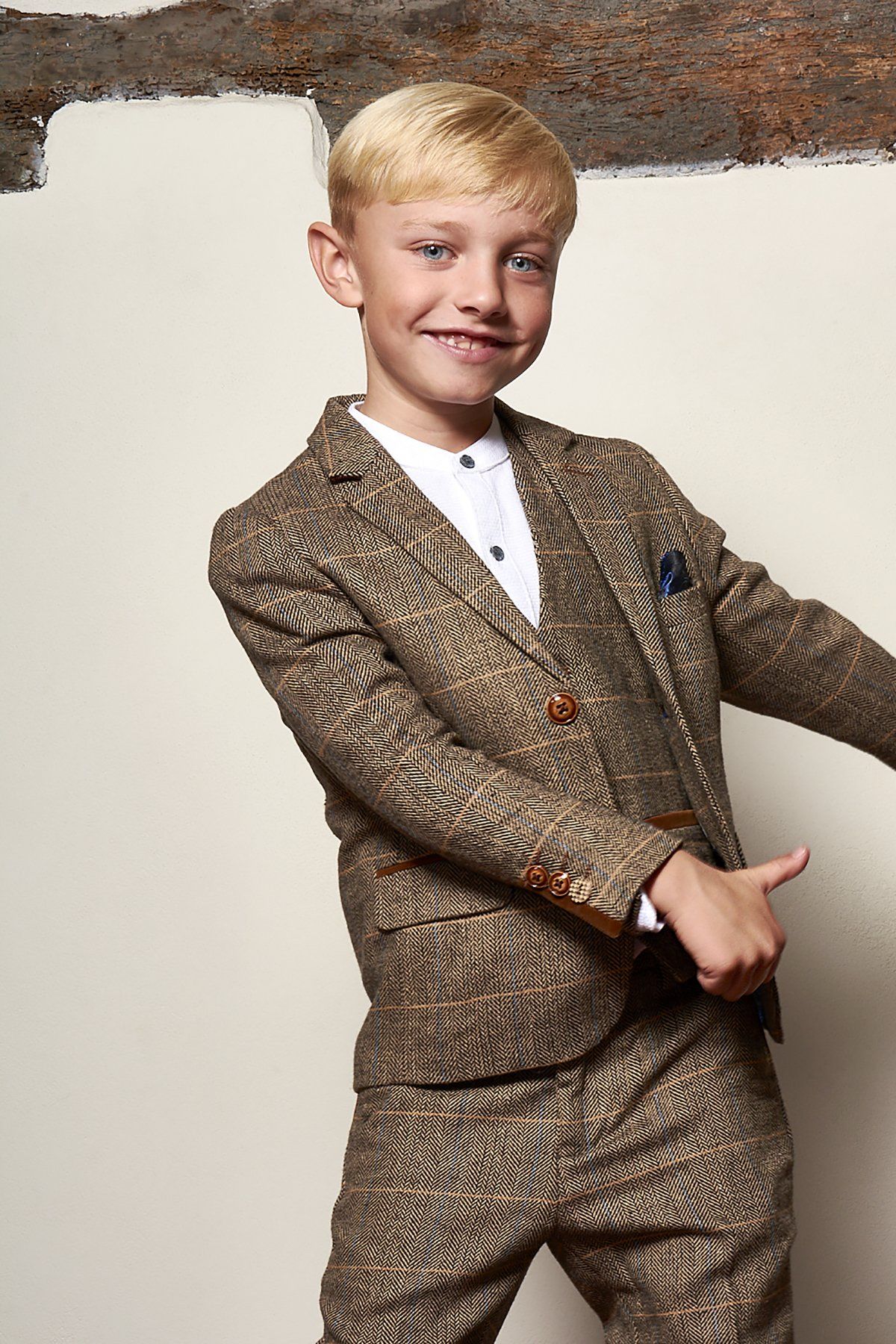 Boy Kid wearing TED - Childrens Tan Tweed Check Three Piece Suit-marcdarcy Menswear