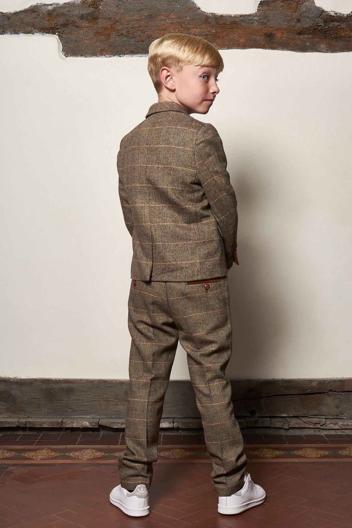 Boy Kid wearing TED - Childrens Tan Tweed Check Three Piece Suit-marcdarcy Menswear