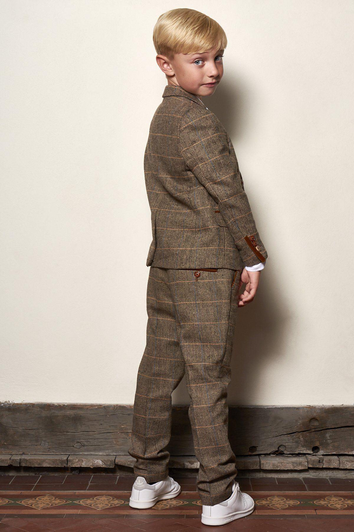 Boy Kid wearing TED - Childrens Tan Tweed Check Three Piece Suit-marcdarcy Menswear