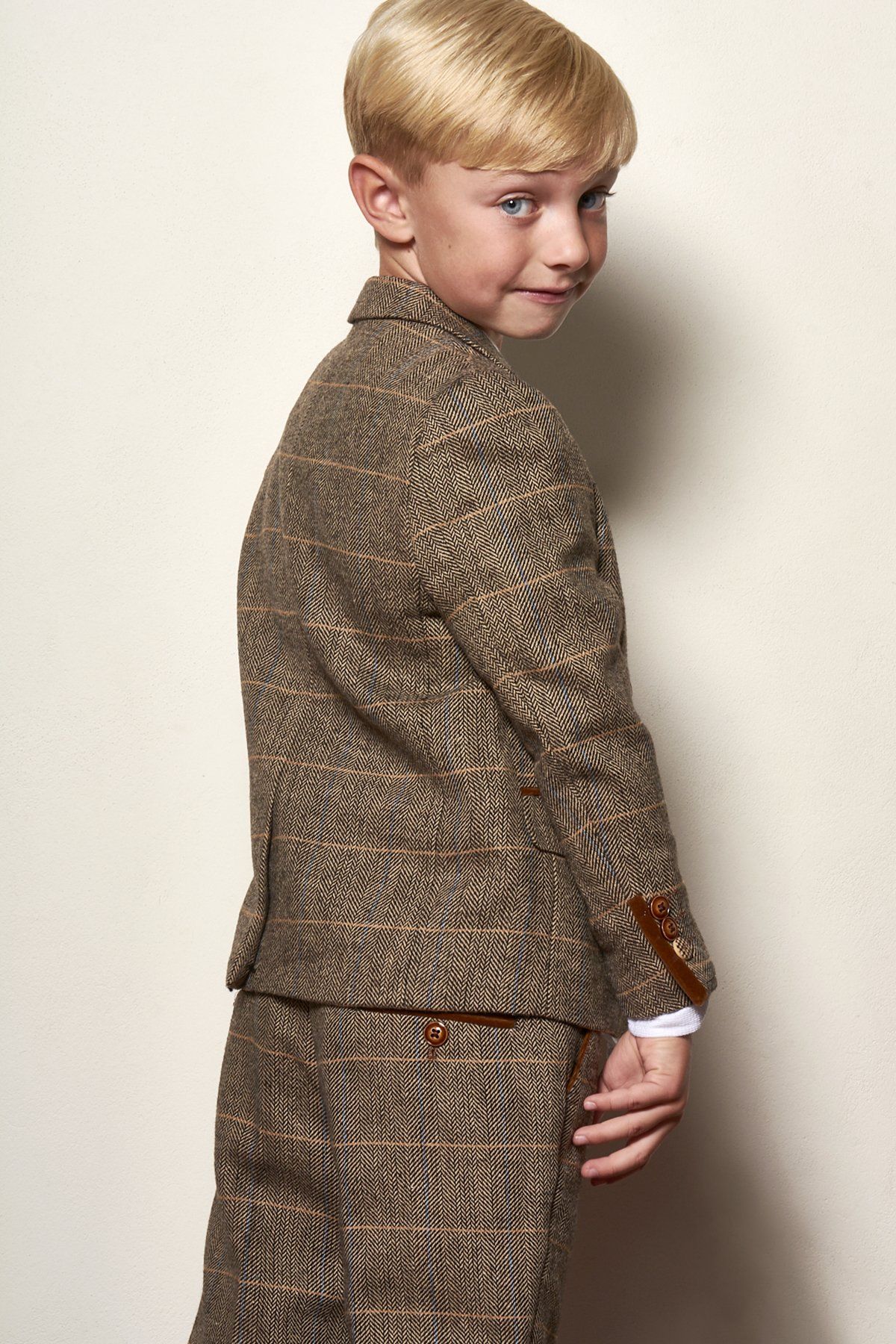 Boy Kid wearing TED - Childrens Tan Tweed Check Three Piece Suit-marcdarcy Menswear