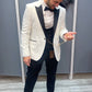 White tux with black lapel peak collar