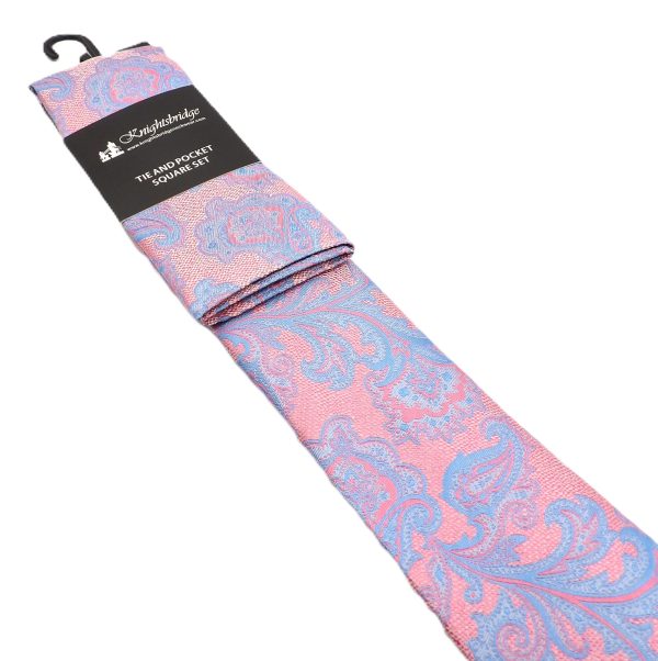 Baby Pink and sky blue paisley tie and pocket square