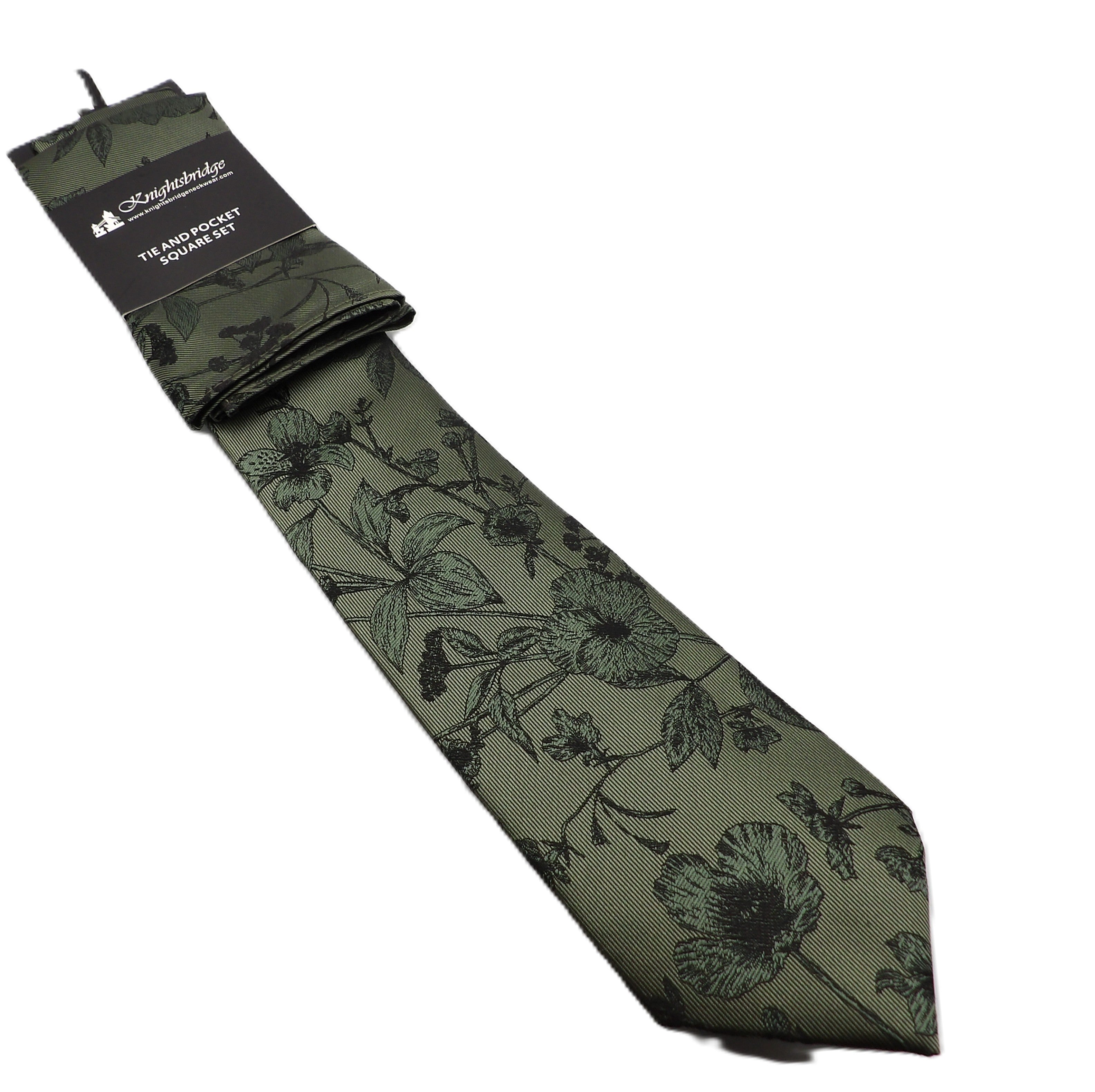 Olive green Paisley tie and pocket square