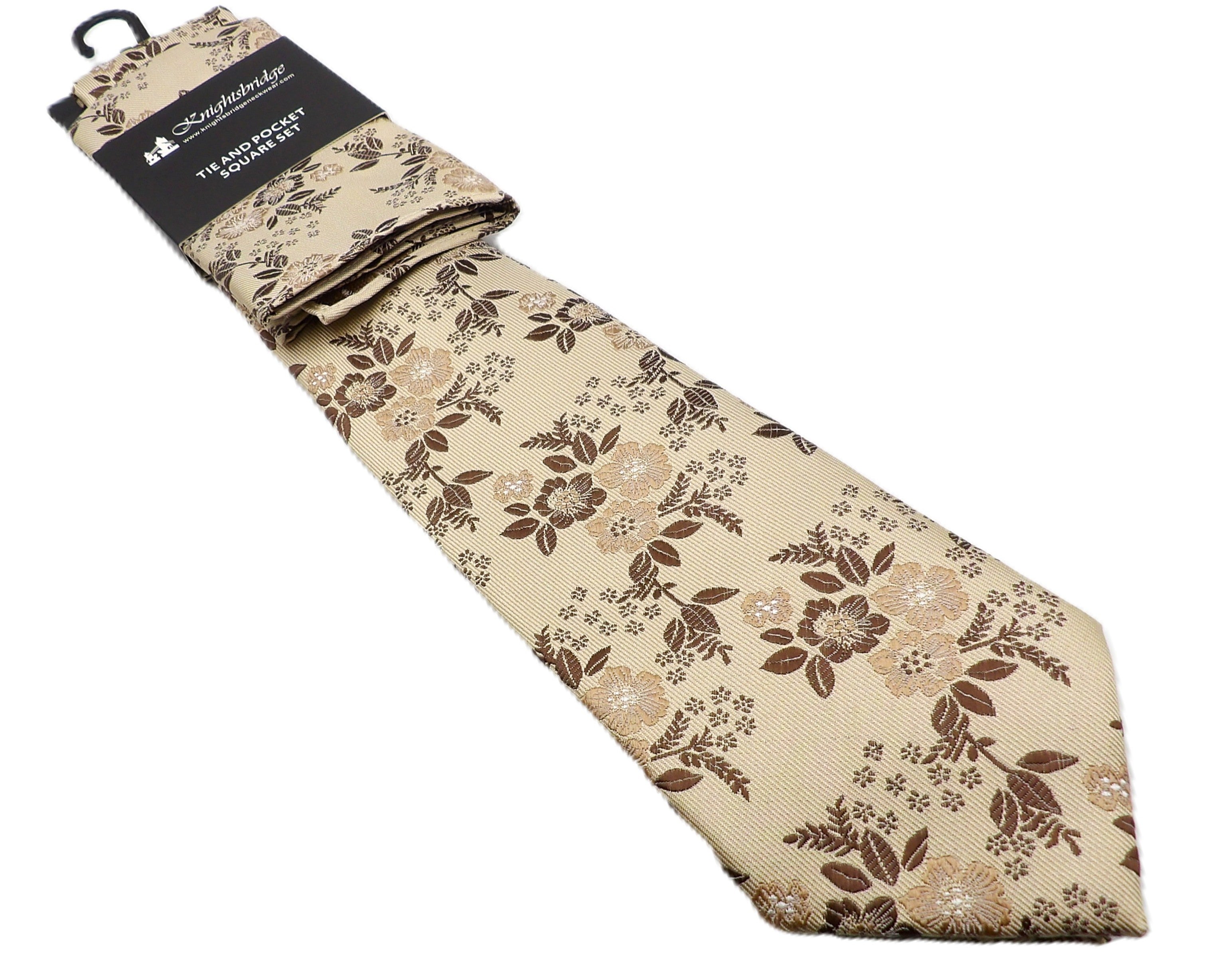 Beige Floral Tie and Pocket Square
