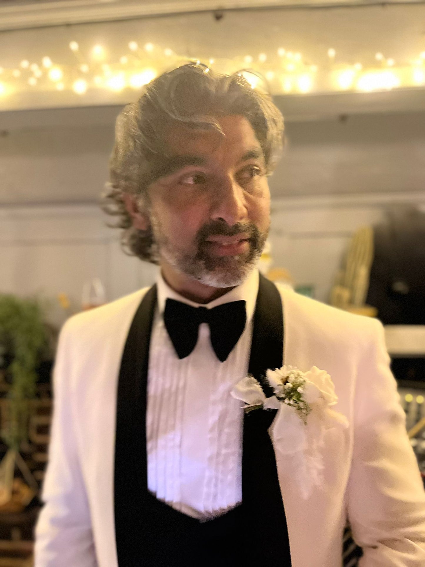 White tux with black lapel shawl collar