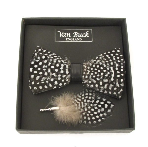 Van buck feather bow tie and lapel pin