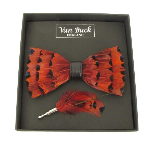 Van buck feather bow tie and lapel pin