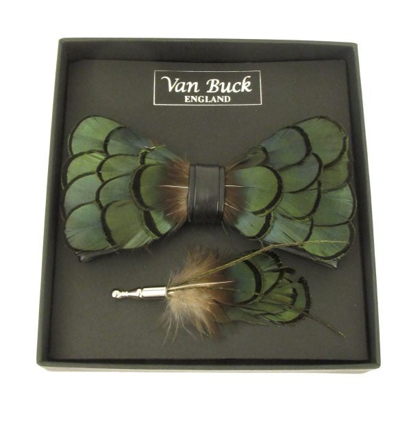 Van buck feather bow tie and lapel pin