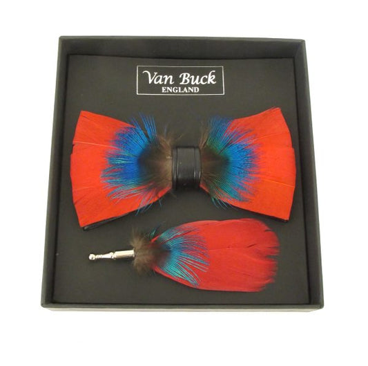 Van buck feather bow tie and lapel pin