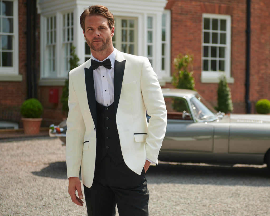 White tux with black lapel shawl collar