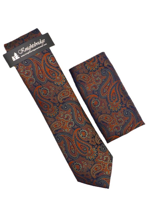 Knightsbridge Sage Green, Orange and Brown Paisley Tie and Pocket Square
