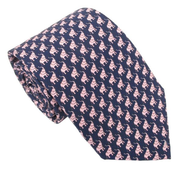 Van Buck Italian Printed Silk Navy Elephant Tie