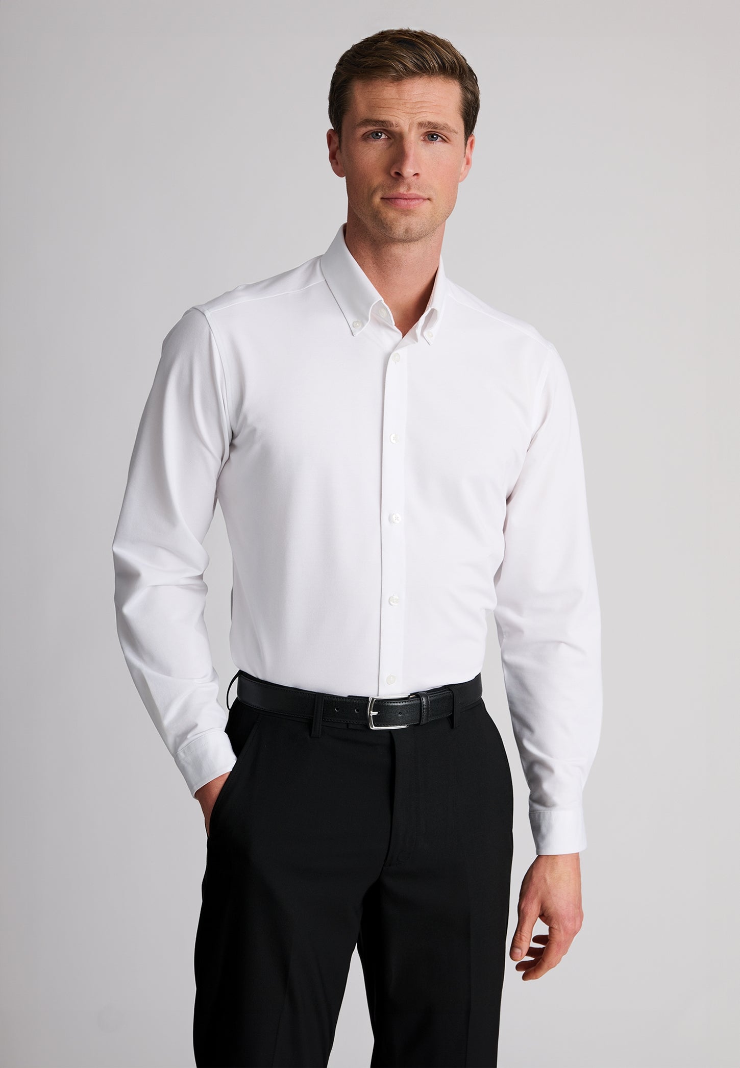 Tailored Fit White Herringbone Stretch Cotton Shirt