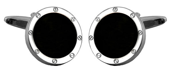 Onyx Round Port Hole Rhodium Plated Cufflinks