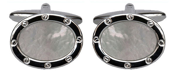 Mother of Pearl Oval Port Hole Rhodium Plated Cufflinks
