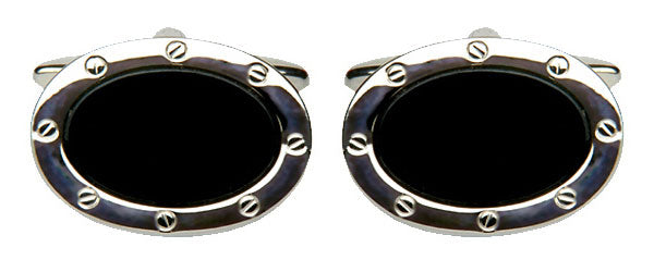 Onyx Oval Port Hole Rhodium Plated Cufflinks