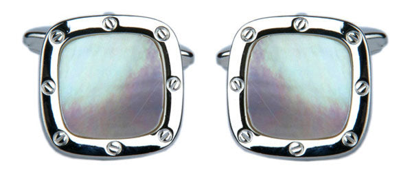 Mother of Pearl Port Hole Rhodium Plate Cushion Cufflinks