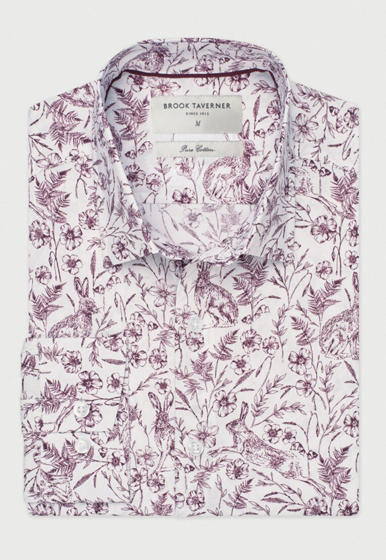 Regular Fit Mulberry Hares and Flowers Print Cotton Shirt