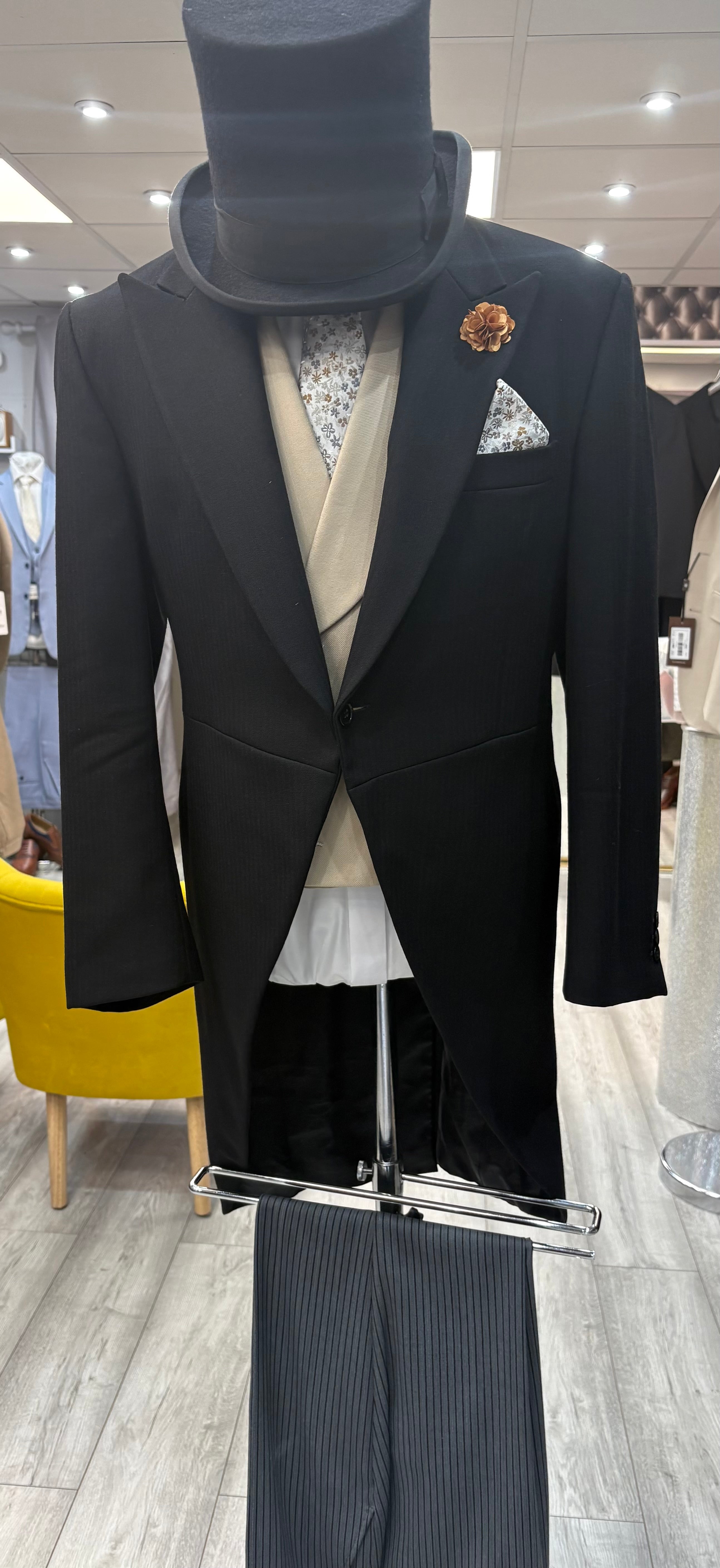 Traditional tails Hire 3pc (herringbone only) with black hat/grey