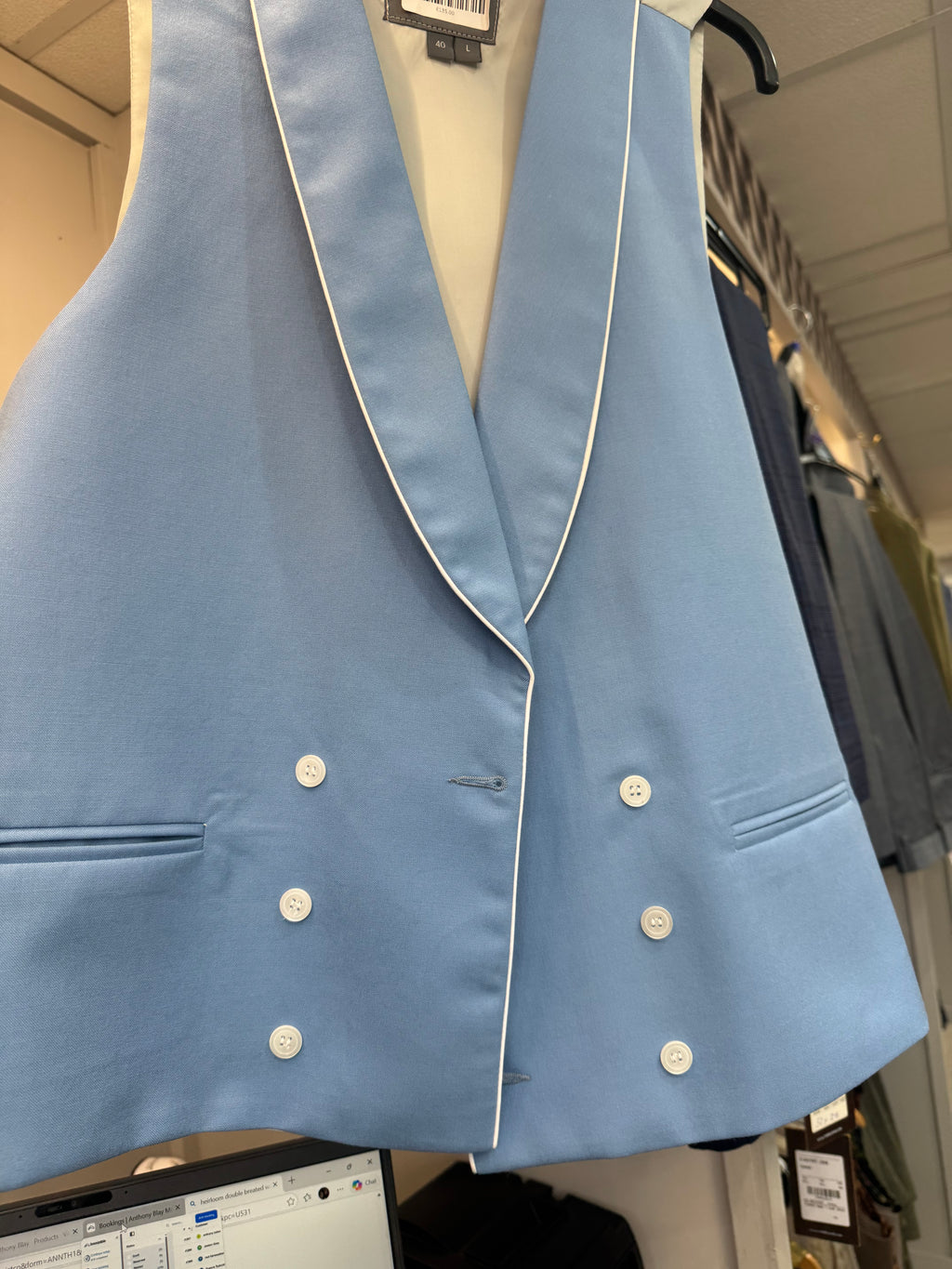 Heirloom DB Blue/white piping waistcoat 40L
