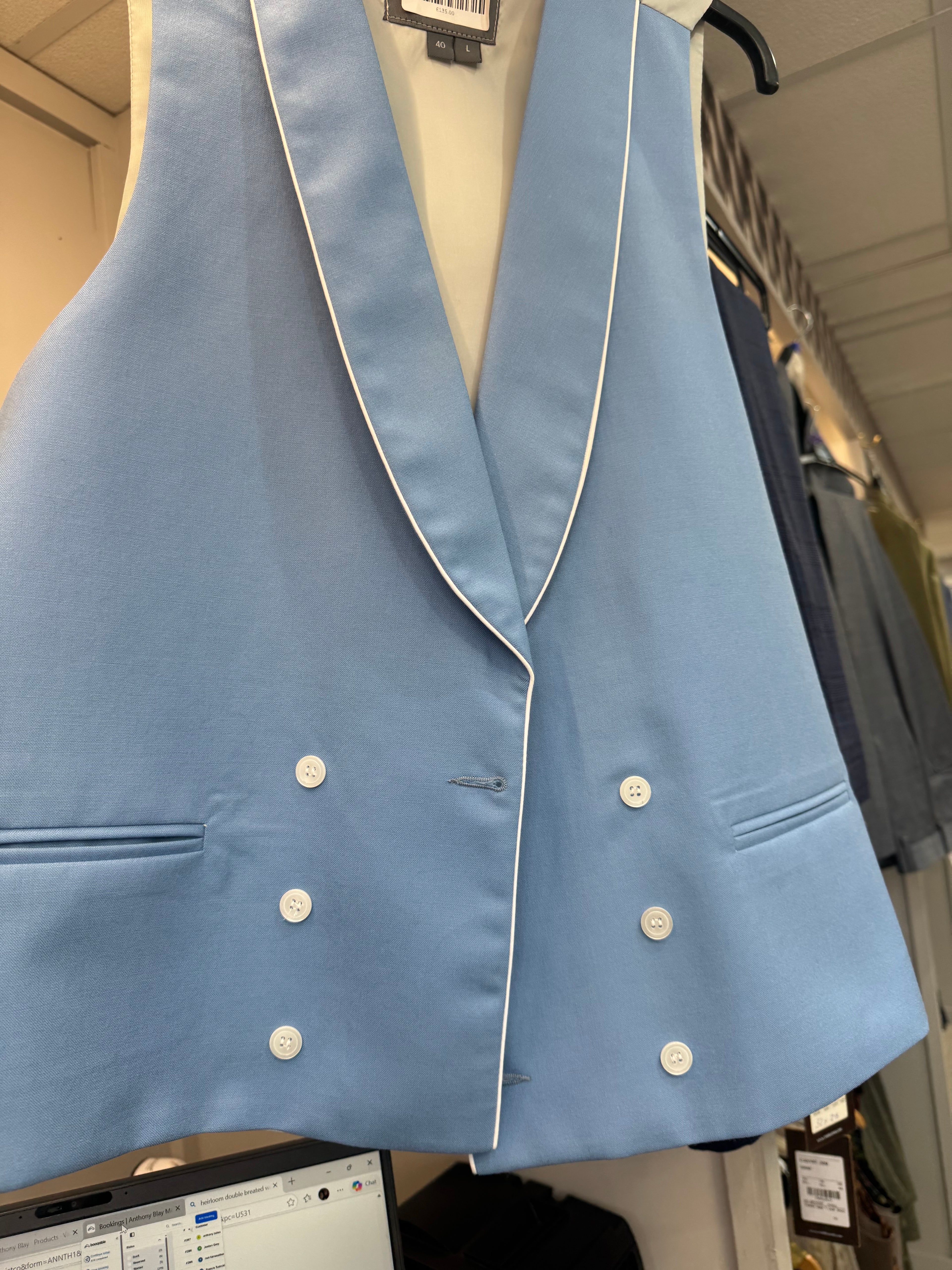 Heirloom DB Blue/white piping waistcoat 40L