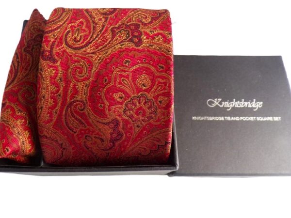Knightsbridge Red, Gold and Tan Silk Tie and Pocket Square