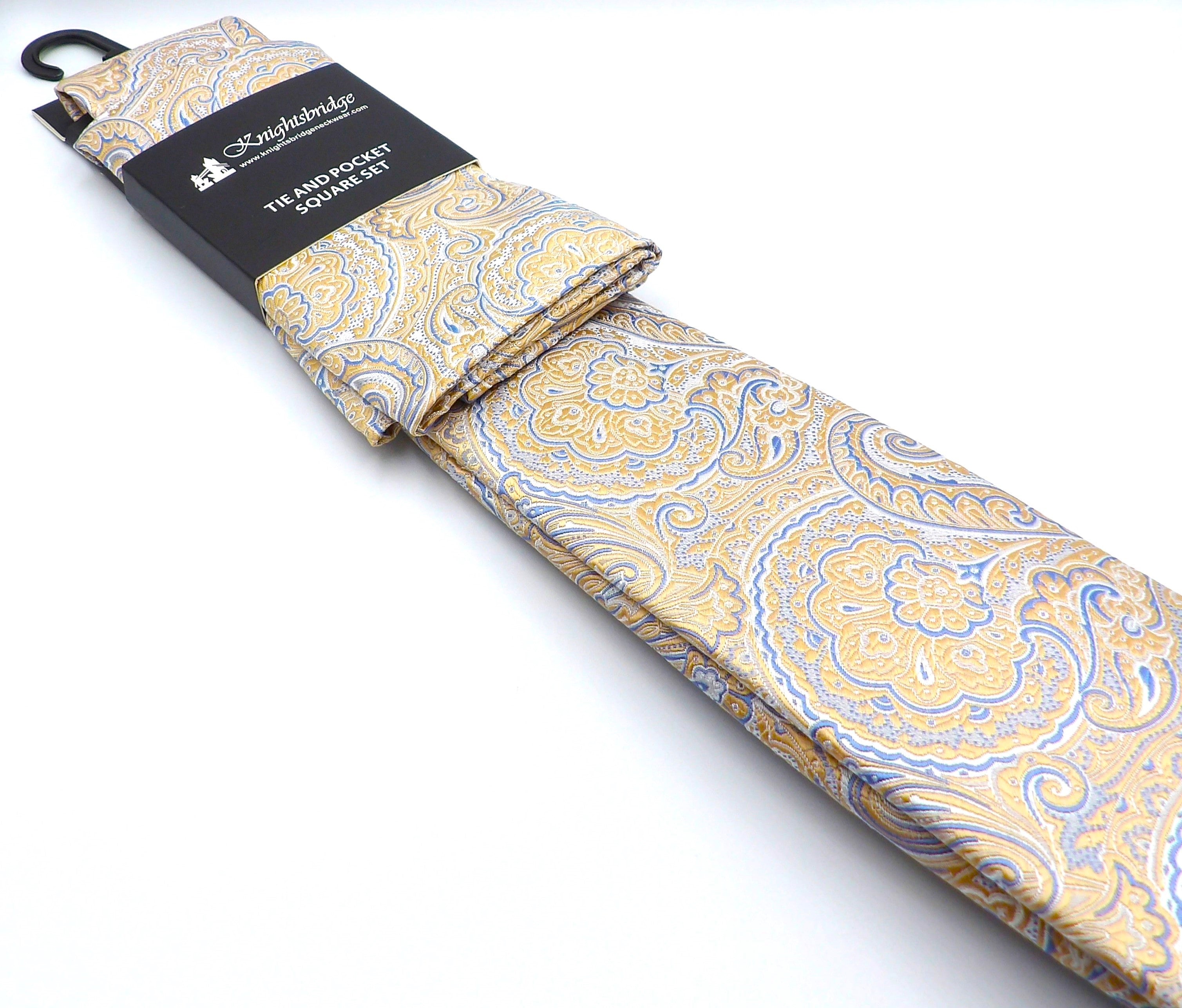 Knightsbridge Beige/Gold Blue Paisley Tie and Pocket Square