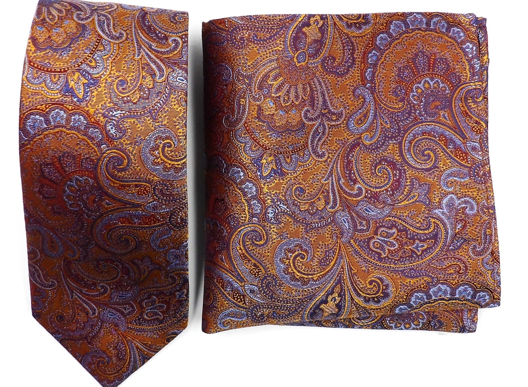 Knightsbridge Blue and Bronze Paisley Silk Tie and Pocket Square